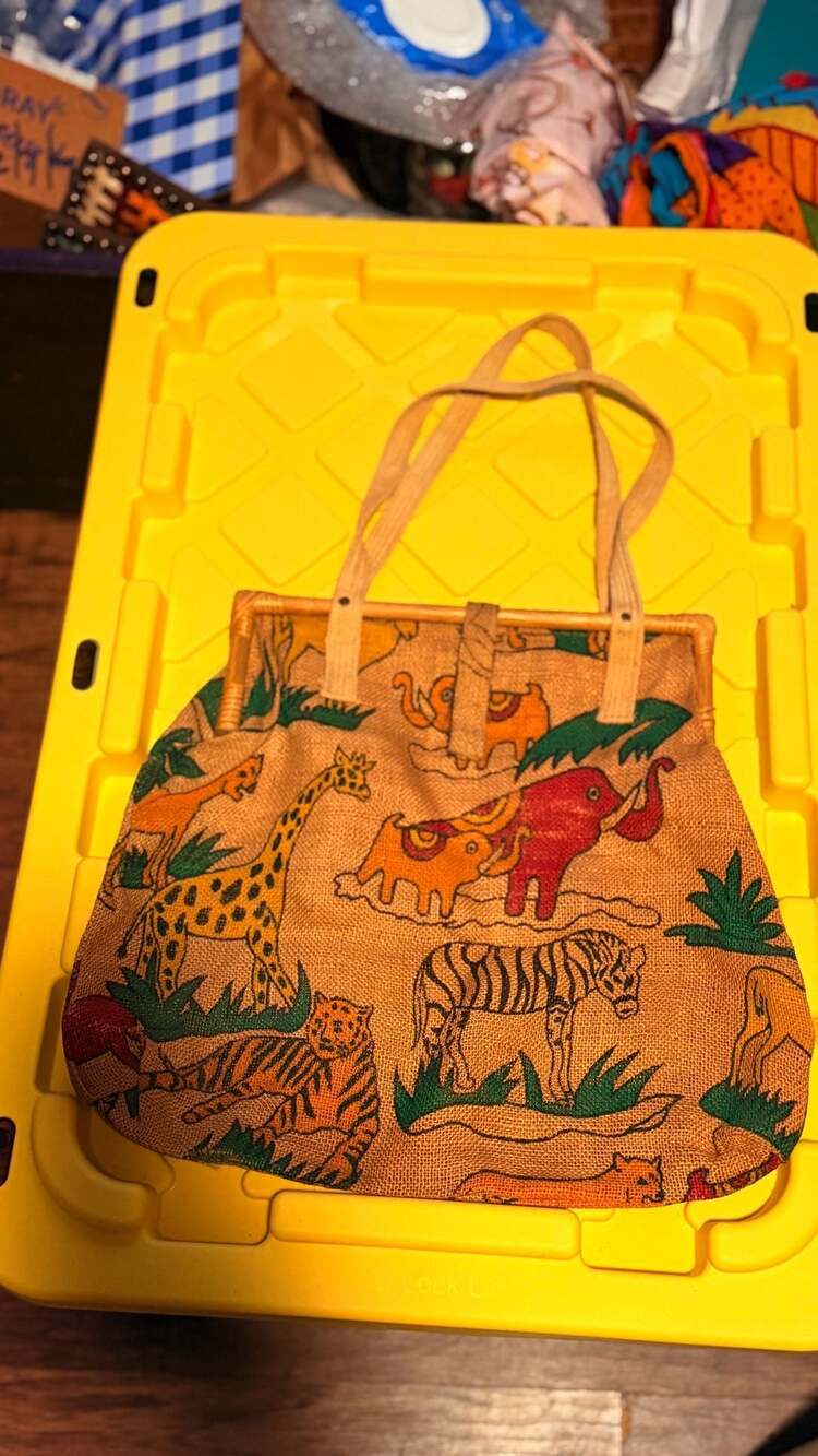 Vintage Safari Animal Print Burlap Tote Bag with Bamboo Frame and Handles
